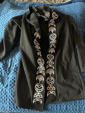 Black Graphic Hooded Cardigan with White Symbol Trim